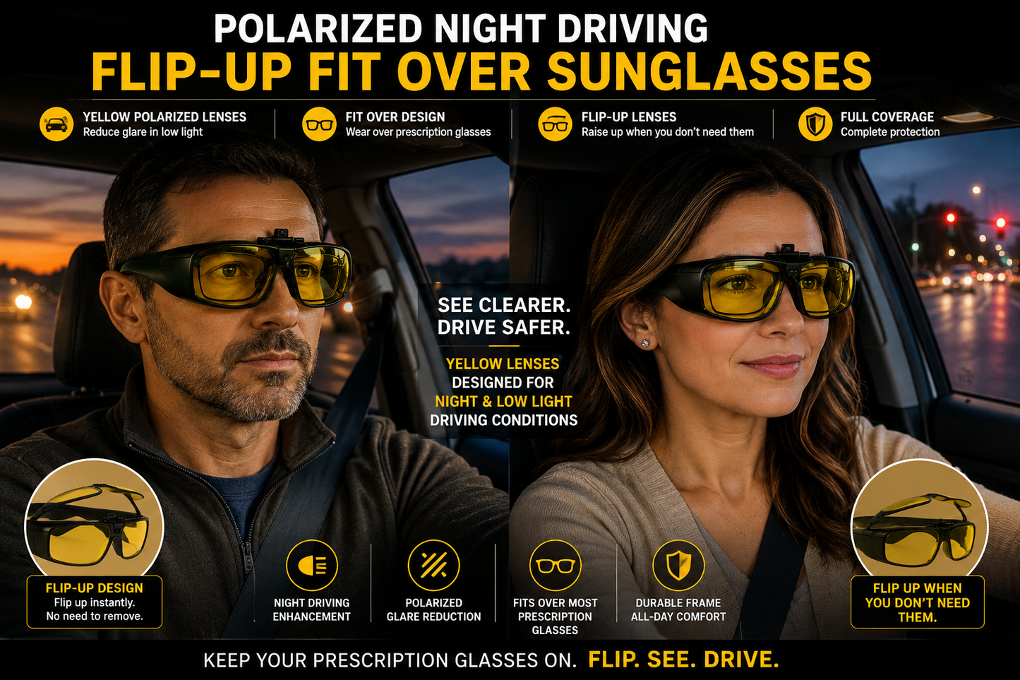 Drakes Shades Polarized Night Driving Flip-Up Fit Over Sunglasses