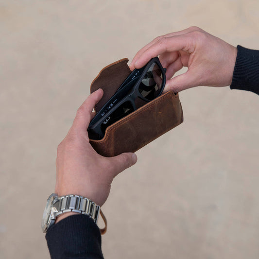 Leather Sunglass Case with Wrist Strap - Dark Brown / Soft interior / Removable Wrist Strap / Vintage-Inspired