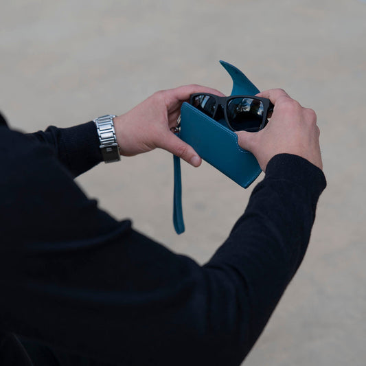 Leather Sunglass Case with Wrist Strap - Navy Blue / Soft interior / Removable Wrist Strap / Vintage-Inspired