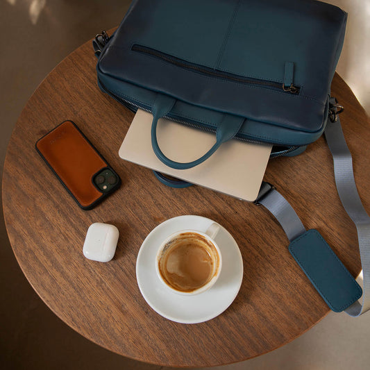 Classic Leather Laptop Bag - Blue / Sophisticated and Practical / Spacious Up to 15 Inches / Additional Compartments