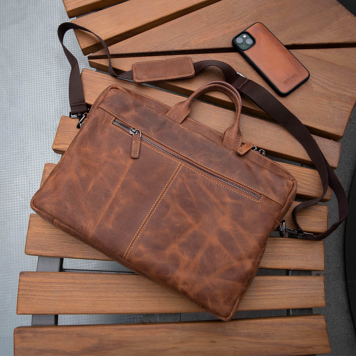 Classic Leather Laptop Bag - Dark Brown / Sophisticated and Practical / Spacious Up to 15 Inches / Additional Compartments