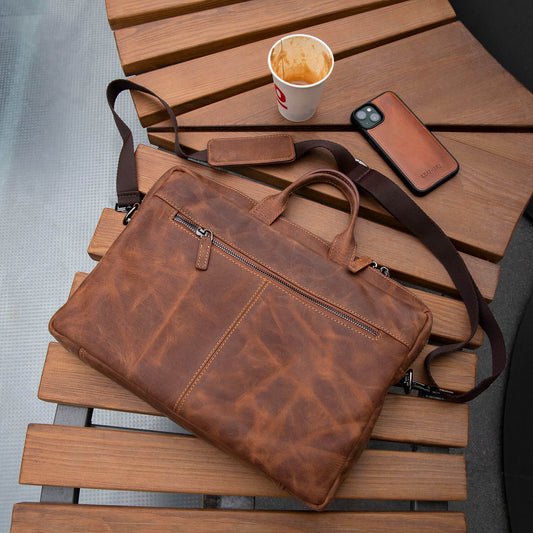 Classic Leather Laptop Bag - Dark Brown / Sophisticated and Practical / Spacious Up to 15 Inches / Additional Compartments