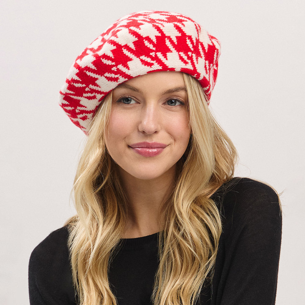 Houndstooth Knit Beret Hat