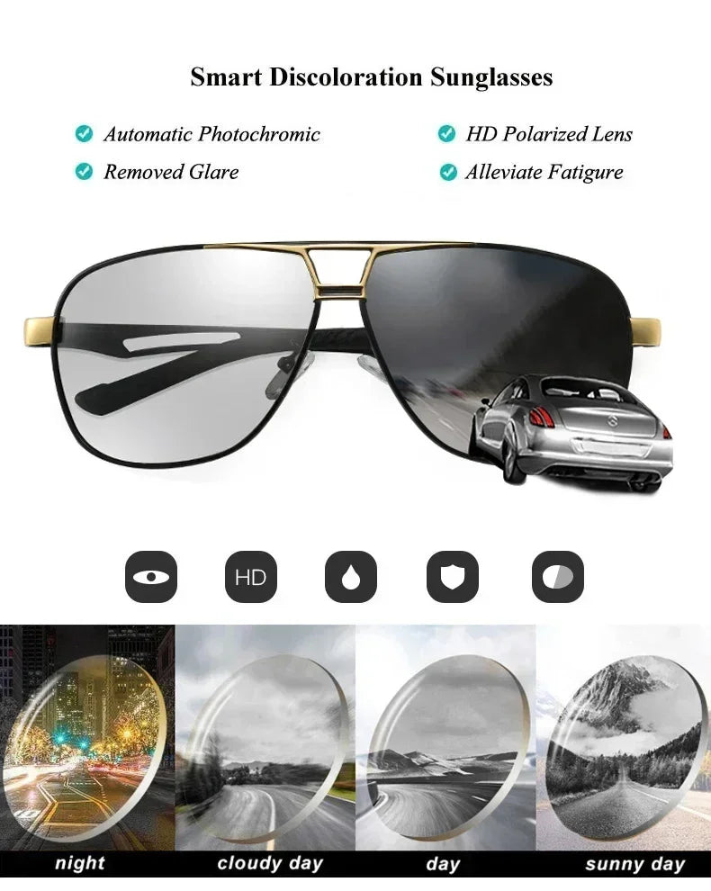 Top Quality Square Retro Photochromic Aluminum Sunglasses / Men's Polarized Driving Shades