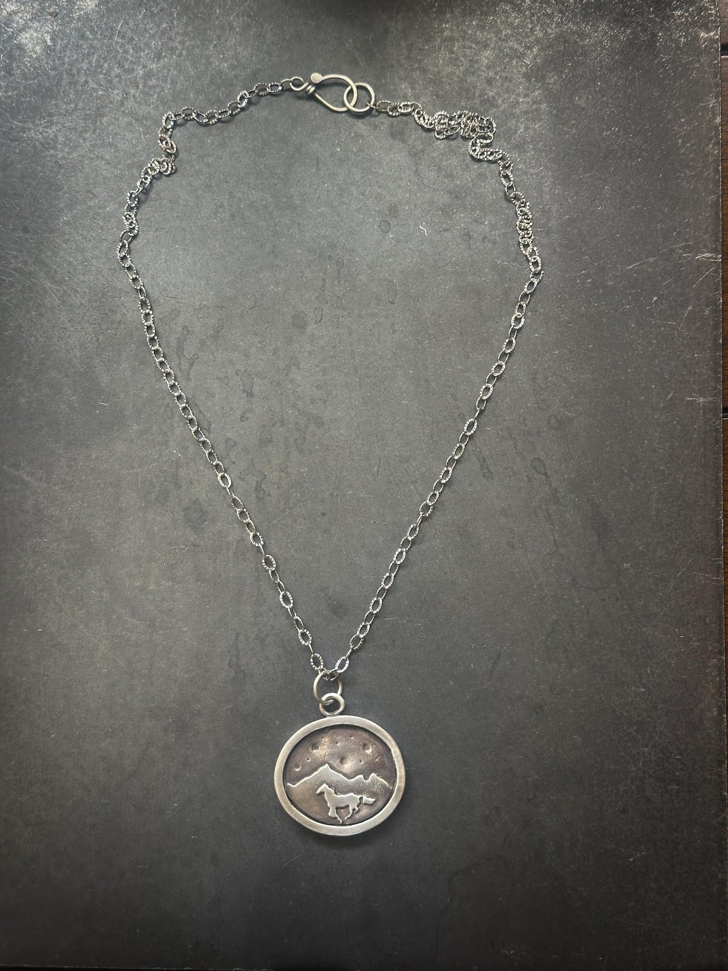 Sterling Silver Horse Necklace | Galloping Horse Mountain Scene Silver Necklace