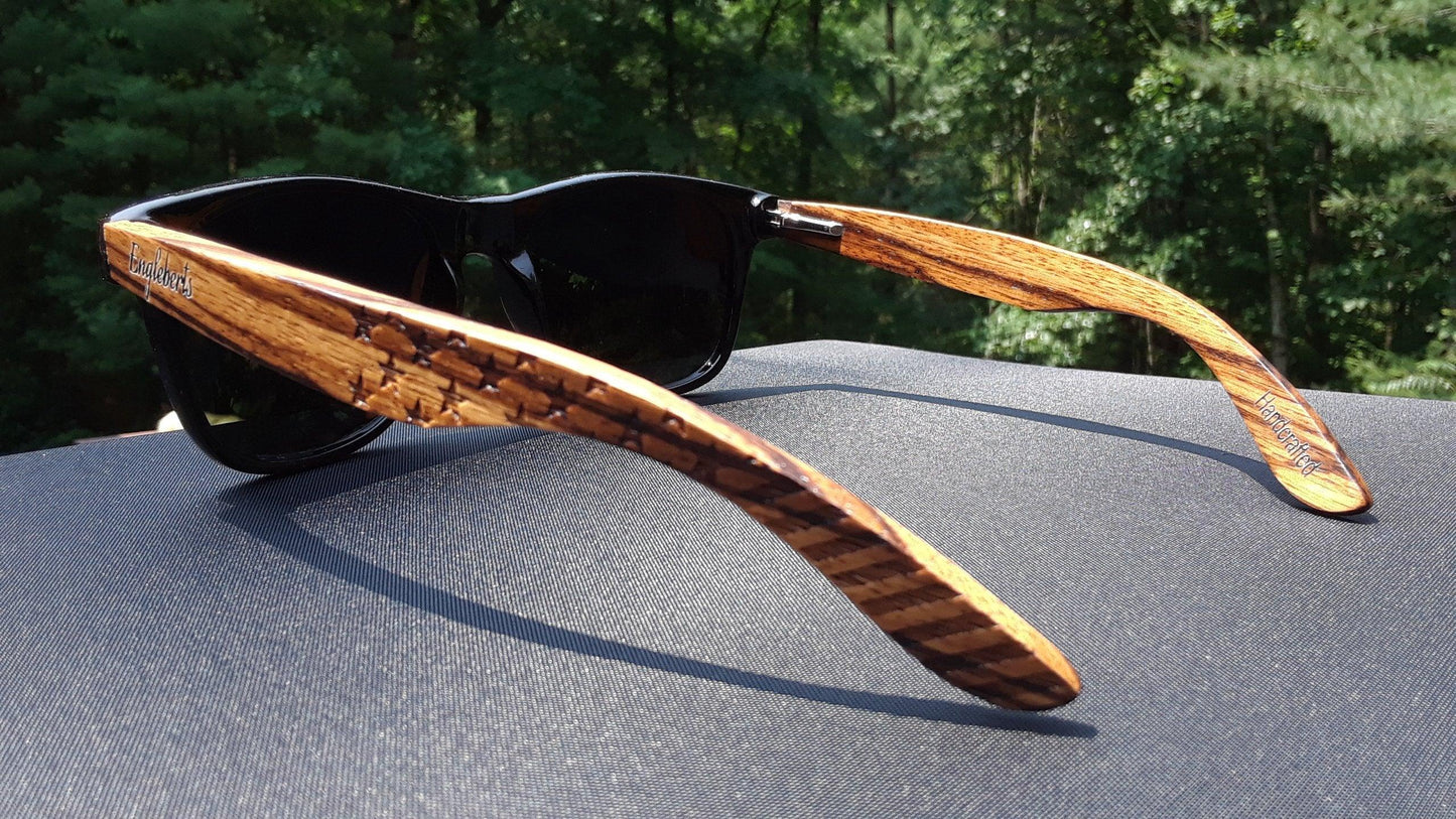 Zebrawood Sunglasses / Stars and Bars With Wooden Case / Polarized / Handcrafted
