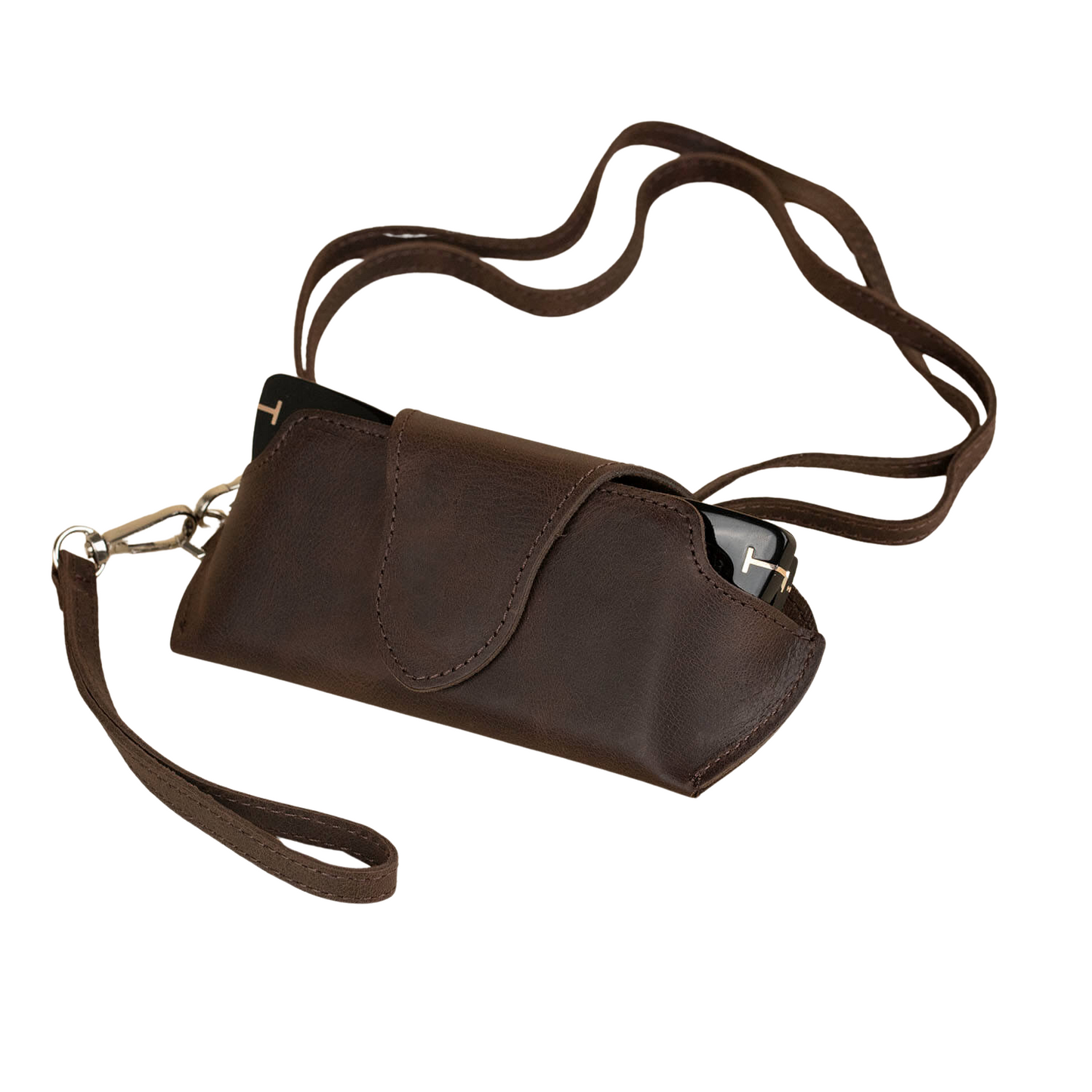Leather Sunglass Case with Wrist Strap - Dark Brown /  Soft interior / Removable Wrist Strap / Vintage-Inspired