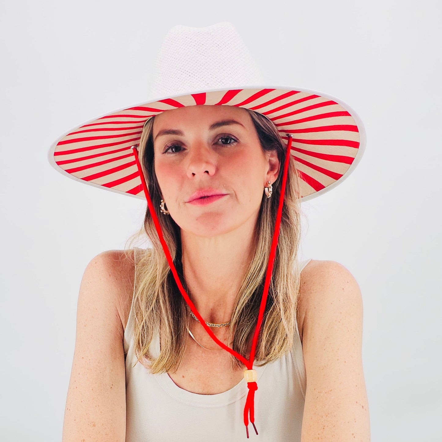 Baldiz White Sun Hat with Red Stripes | Wide Brim Women's Sun Hat with Striped Underbrim
