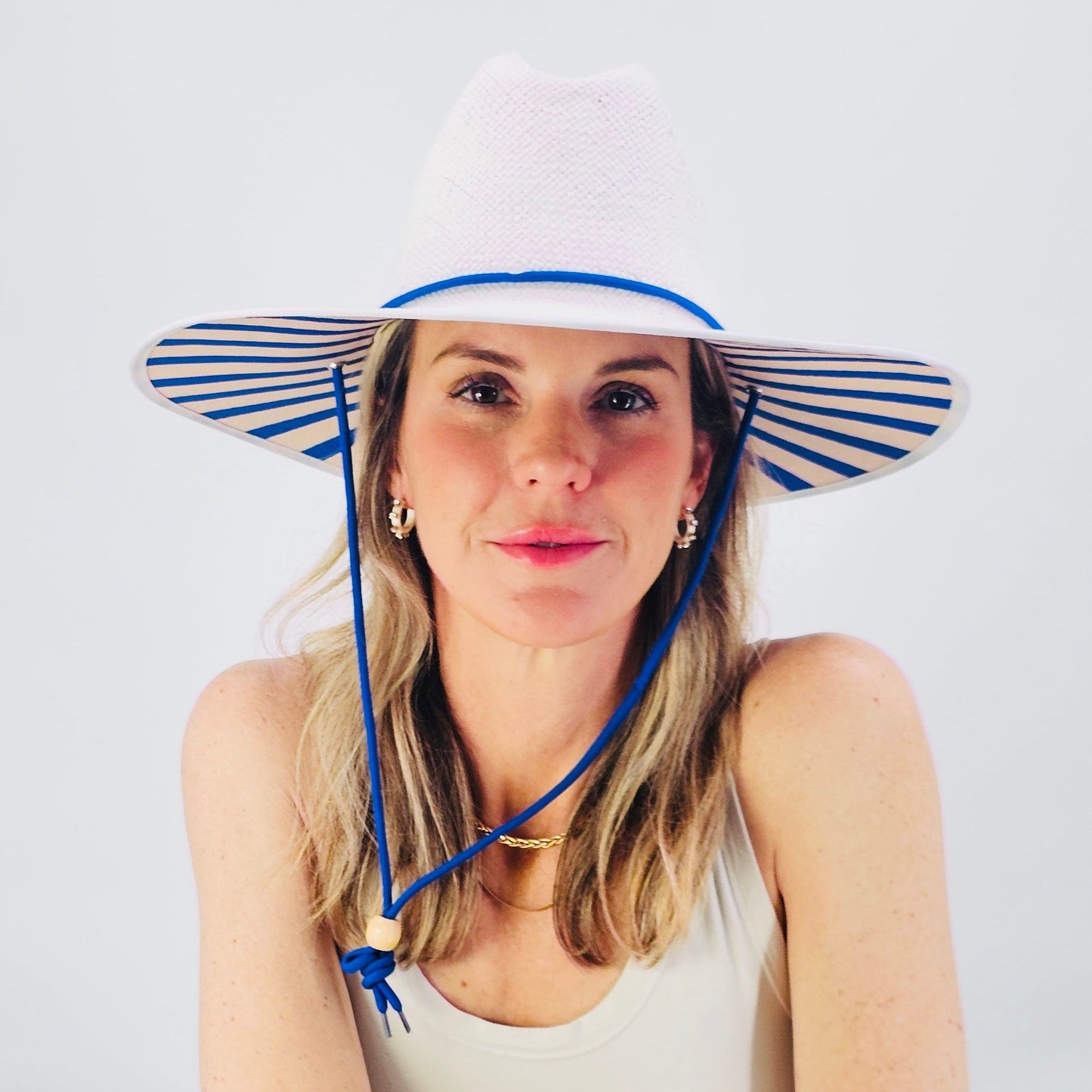 Baldiz White Sun Hat with Blue Stripes | Wide Brim Women's Sun Hat with Striped Underbrim