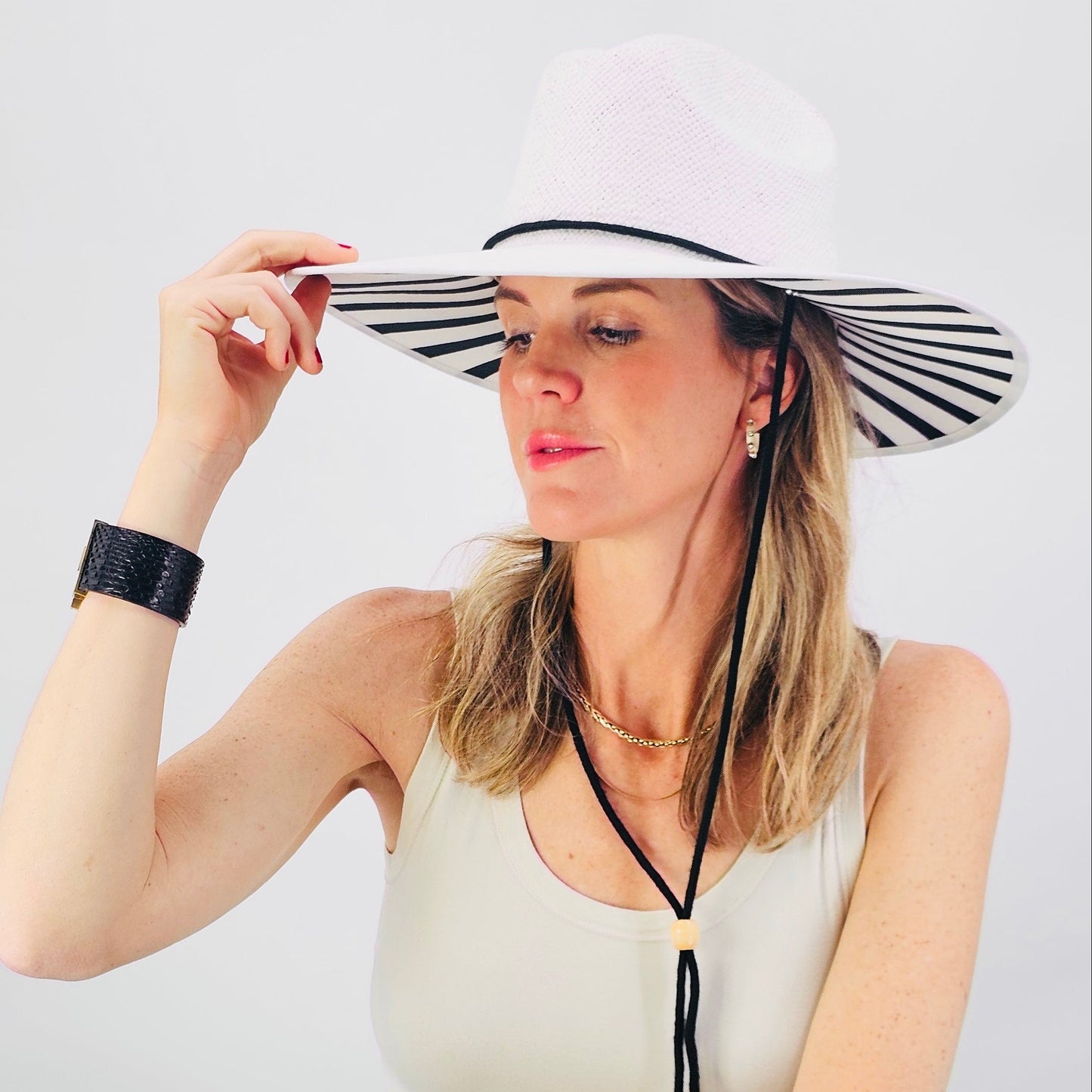 Baldiz White Sun Hat with Black Stripes | Wide Brim Women's Sun Hat with Striped Underbrim