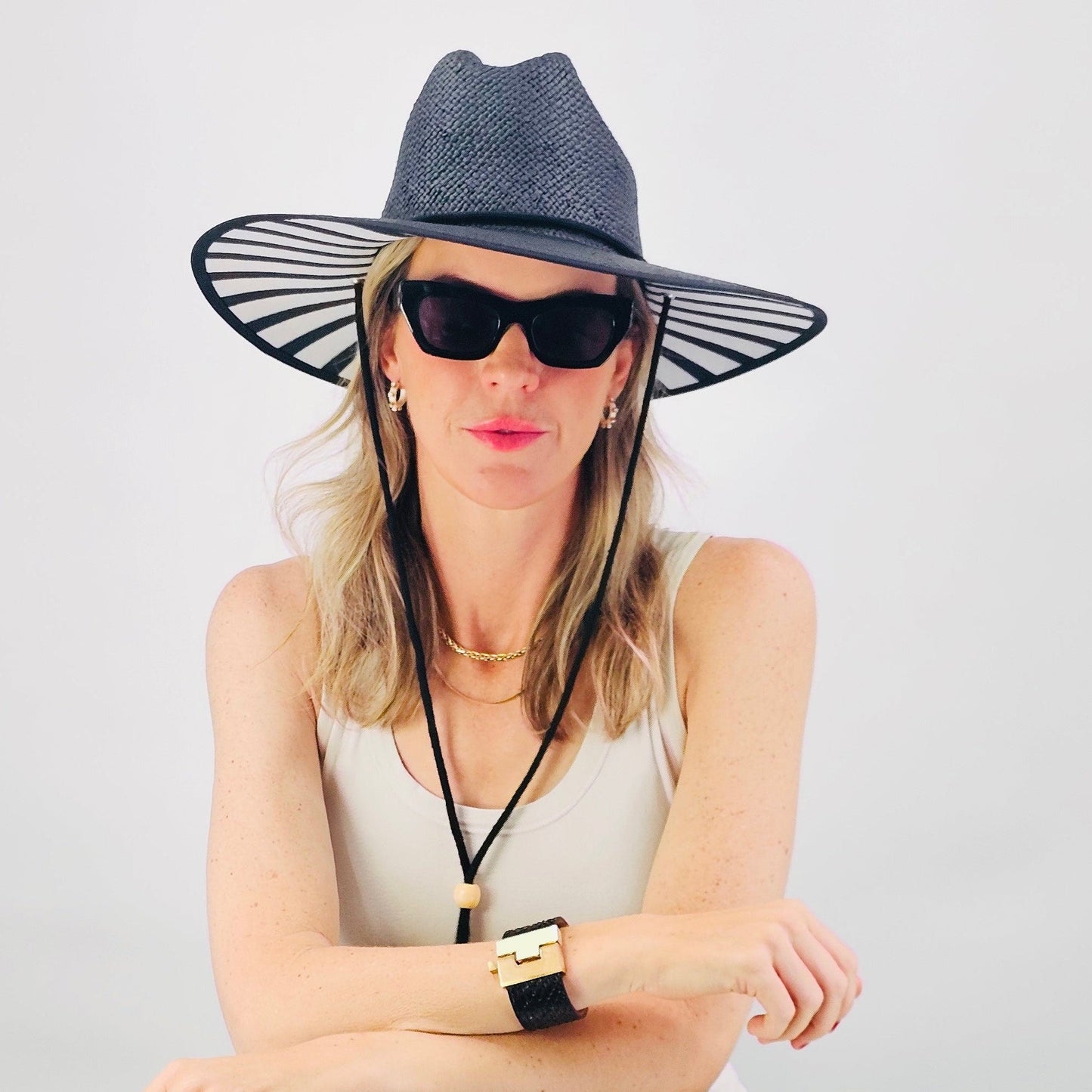 Baldiz Black Sun Hat with Black and White Stripes | Wide Brim Women's Sun Hat with Striped Underbrim