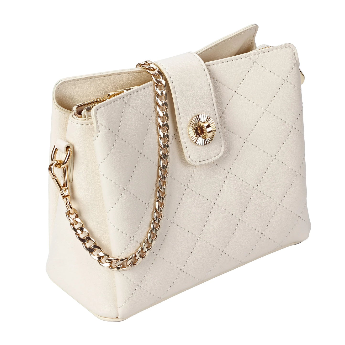 Ivory Quilted Leather Crossbody Bag with Gold Chain Strap