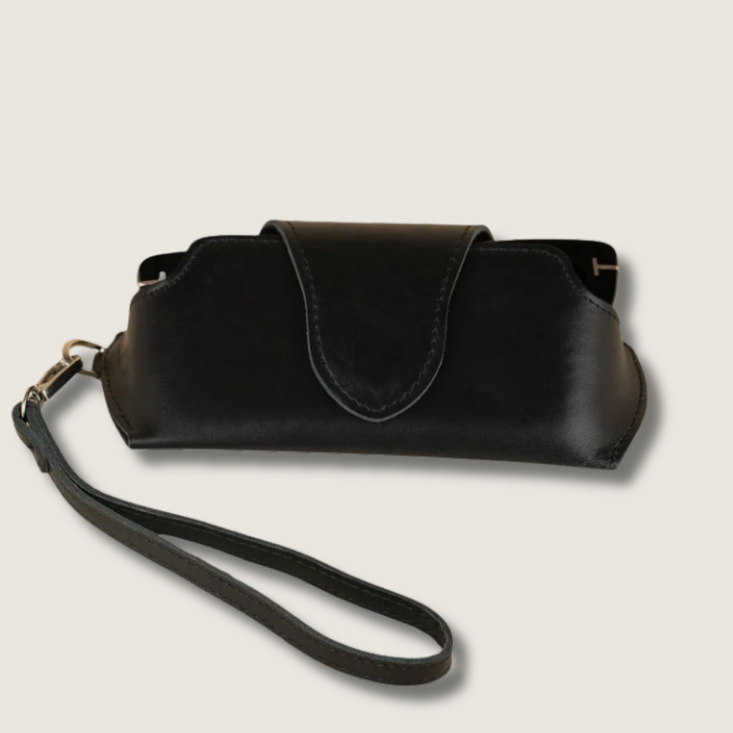 Leather Sunglass Case with Wrist Strap - Black /  Soft interior / Removable Wrist Strap / Vintage-Inspired
