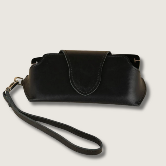 Leather Sunglass Case with Wrist Strap - Black /  Soft interior / Removable Wrist Strap / Vintage-Inspired