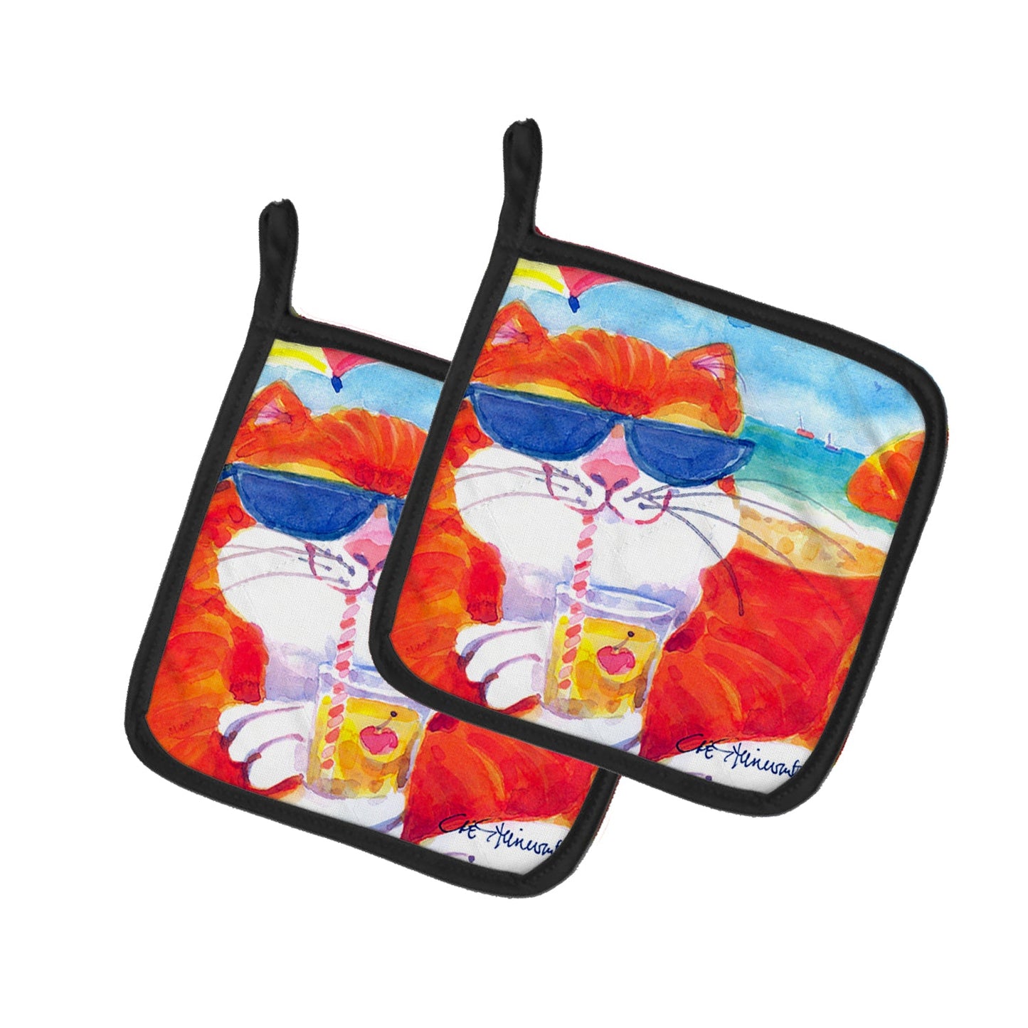 Cool Cat with Sunglasses at the beach Pot Holders - Set of 2 Decorative Kitchen Helpers | Made in the USA 6118PTHD