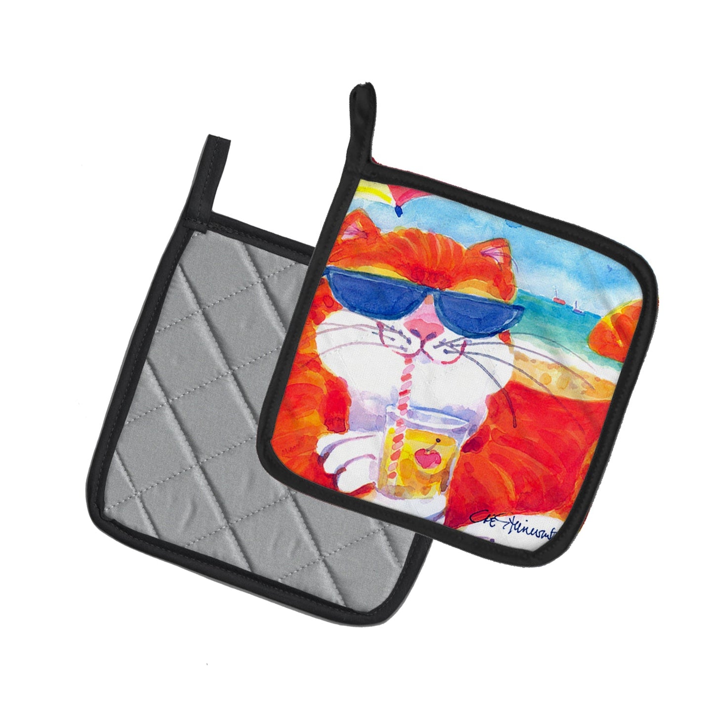 Cool Cat with Sunglasses at the beach Pot Holders - Set of 2 Decorative Kitchen Helpers | Made in the USA 6118PTHD