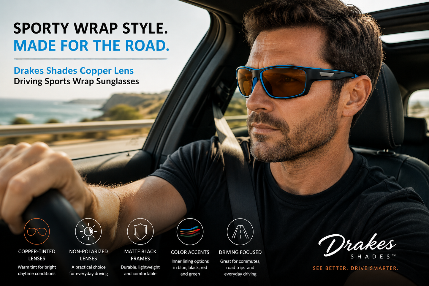 Drakes Shades Copper Lens Driving Sport Wrap Sunglasses