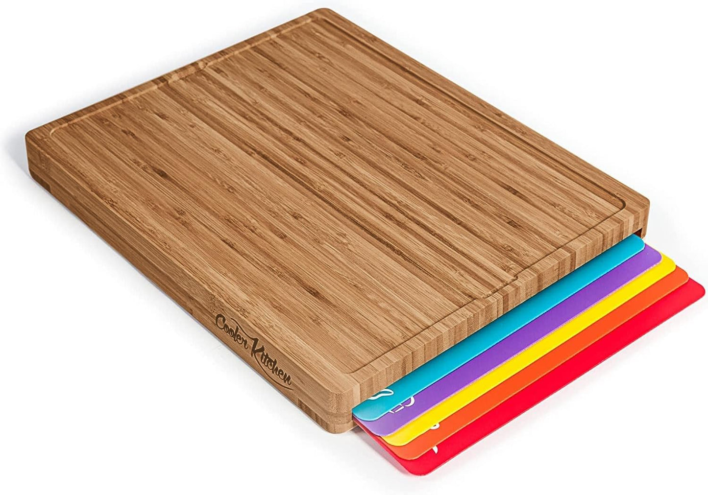 Cooler Kitchen Bamboo Cutting Board Set with 6 Color Coded Flexible Plastic Mats with Food Icons, Labeled Cutting Boards for Kitchen with Holder - BPA-Free Wooden, Dishwasher Safe, Large