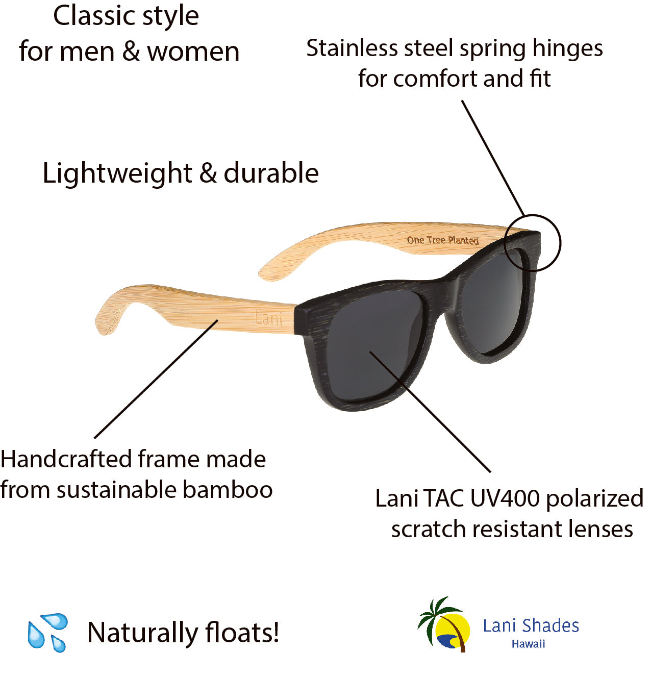 Ohe Ono / Polarized Sustainable Bamboo Wood Floating Sunglasses / UV 400 / Eddie Style