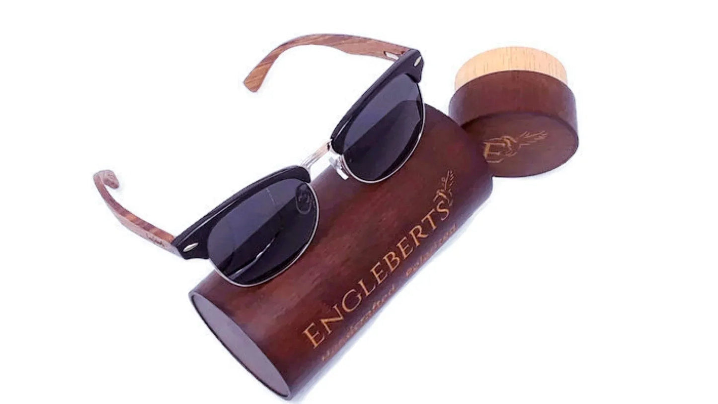 Real Walnut Wood Club Style Sunglasses With Bamboo Case / Polarized / Handcrafted / Eco-Friendly