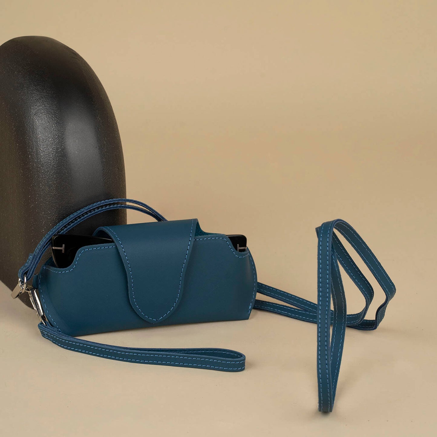 Leather Sunglass Case with Wrist Strap - Navy Blue /  Soft interior / Removable Wrist Strap / Vintage-Inspired