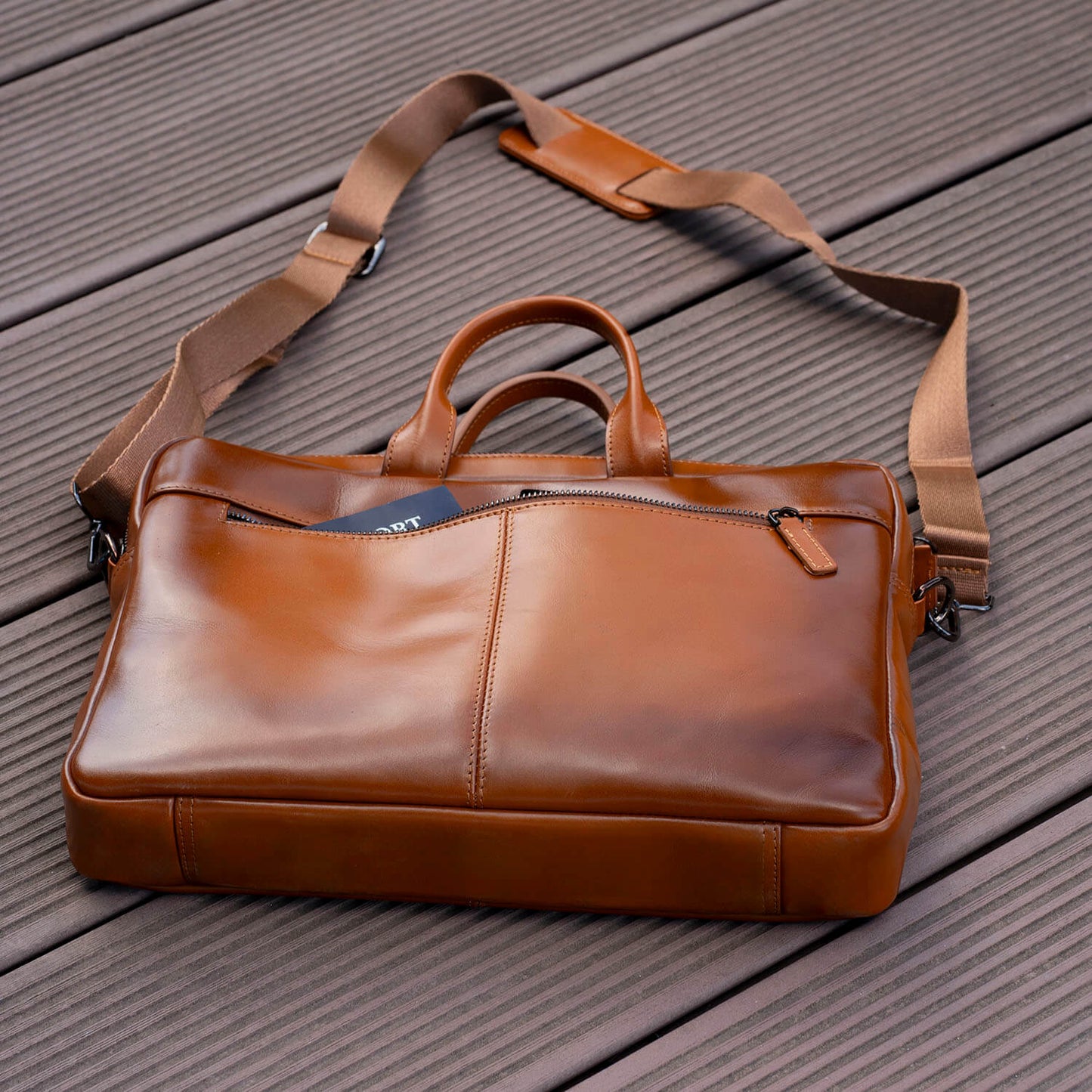 Classic Leather Laptop Bag - Camel Brown / Sophisticated and Practical / Spacious Up to 15 Inches / Additional Compartments