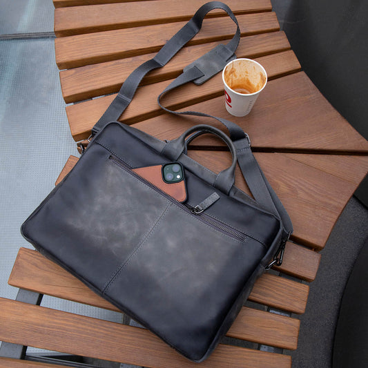 Classic Leather Laptop Bag - Grey / Sophisticated and Practical / Spacious Up to 15 Inches / Additional Compartments