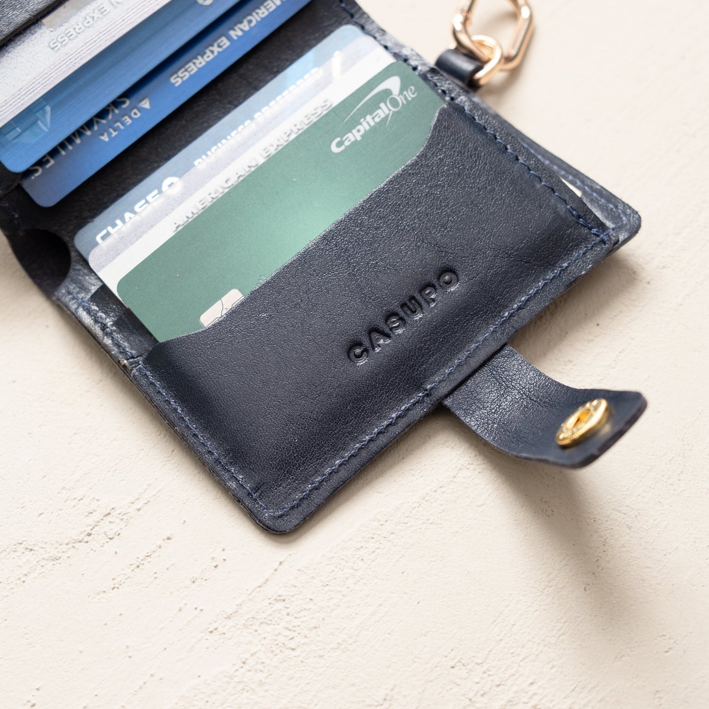 Leather Bifold Wallet with Snap & Key Ring - Marine Blue