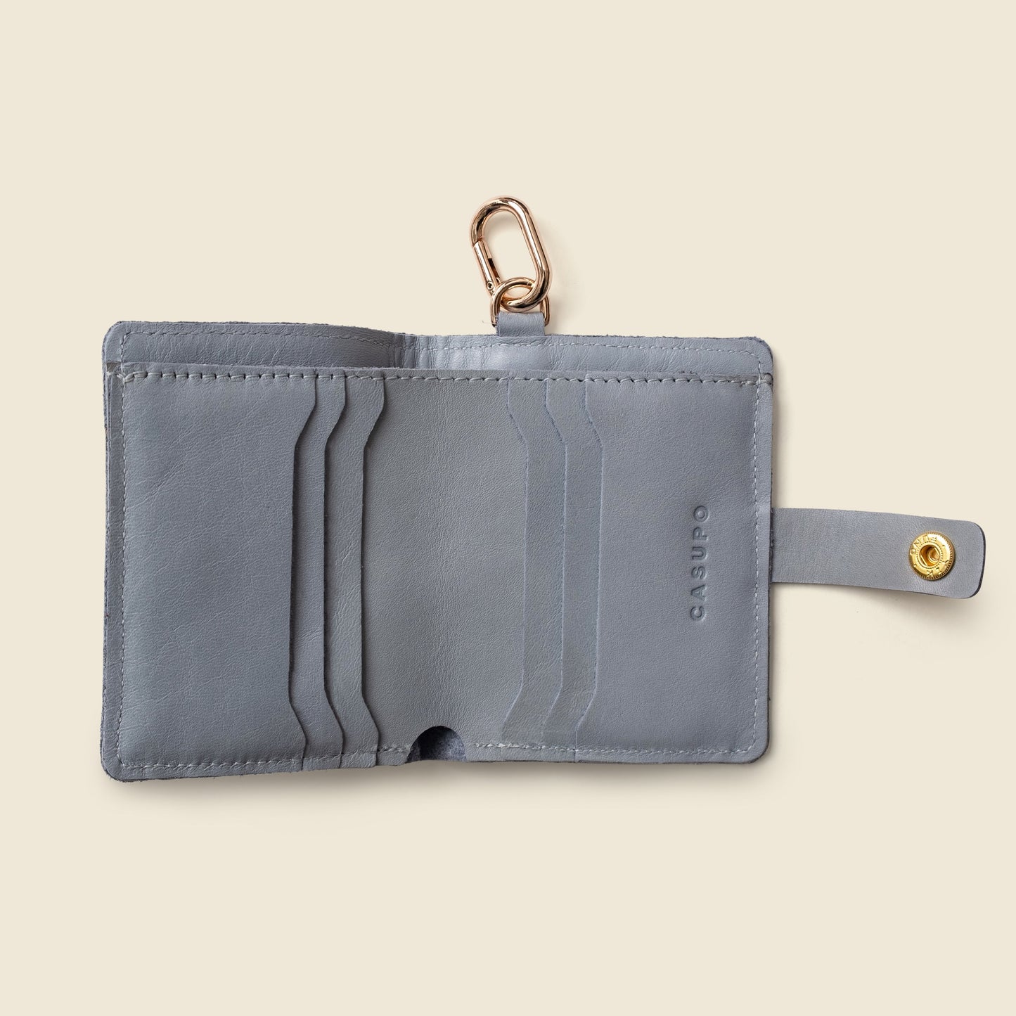 Leather Bifold Wallet with Snap & Key Ring - Ice Blue