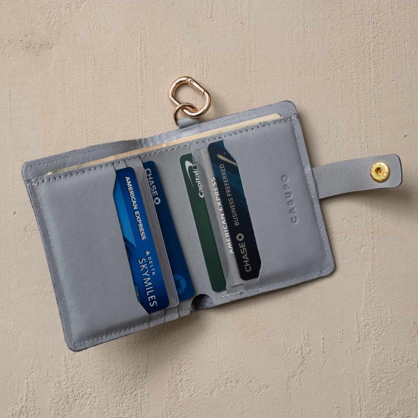Leather Bifold Wallet with Snap & Key Ring - Ice Blue