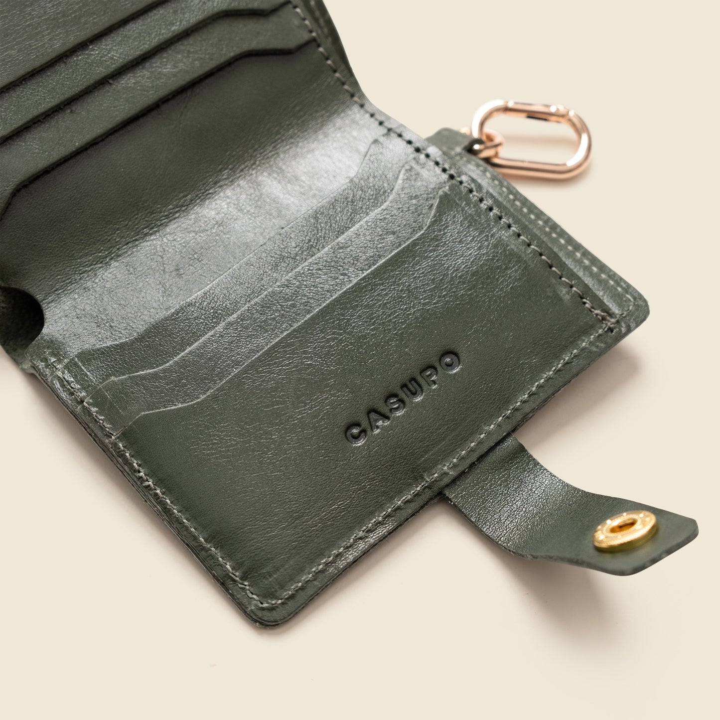 Leather Bifold Wallet with Snap & Key Ring - Olive
