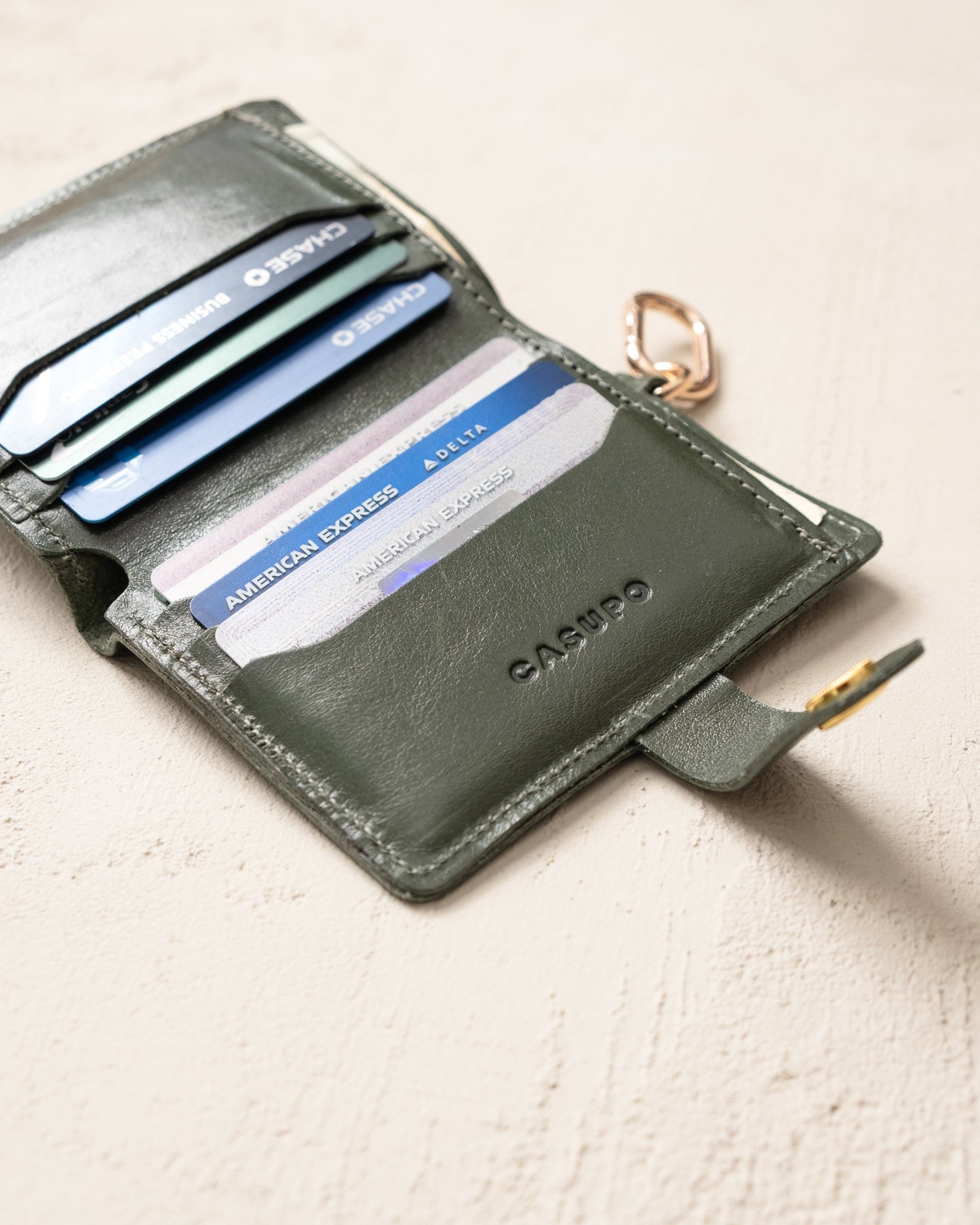 Leather Bifold Wallet with Snap & Key Ring - Olive