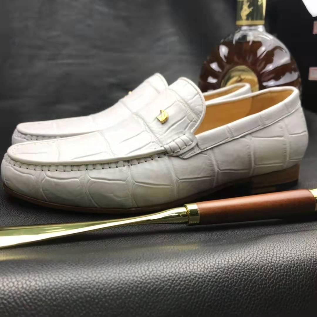 White Crocodile Leather Loafers Handmade Dress Shoes Men's