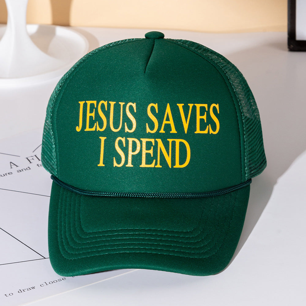 JESUS SAVES I SPEND Message Printed Five Panel Mesh Back Trucker Hat