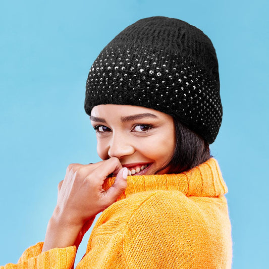 Fleece Lining Rhinestone Embellished Beanie Hat