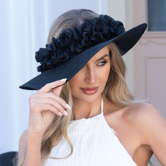 Floral Trim Open Top Wide Brim Straw Sun Hat
