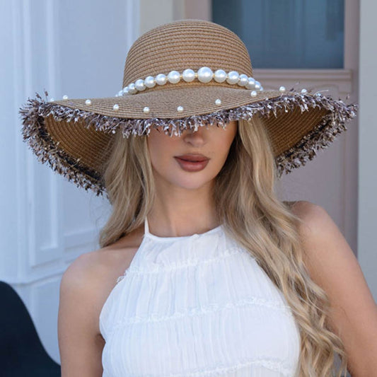 Pearl Trim Band Frayed Edge Wide Brim Straw Sun Hat