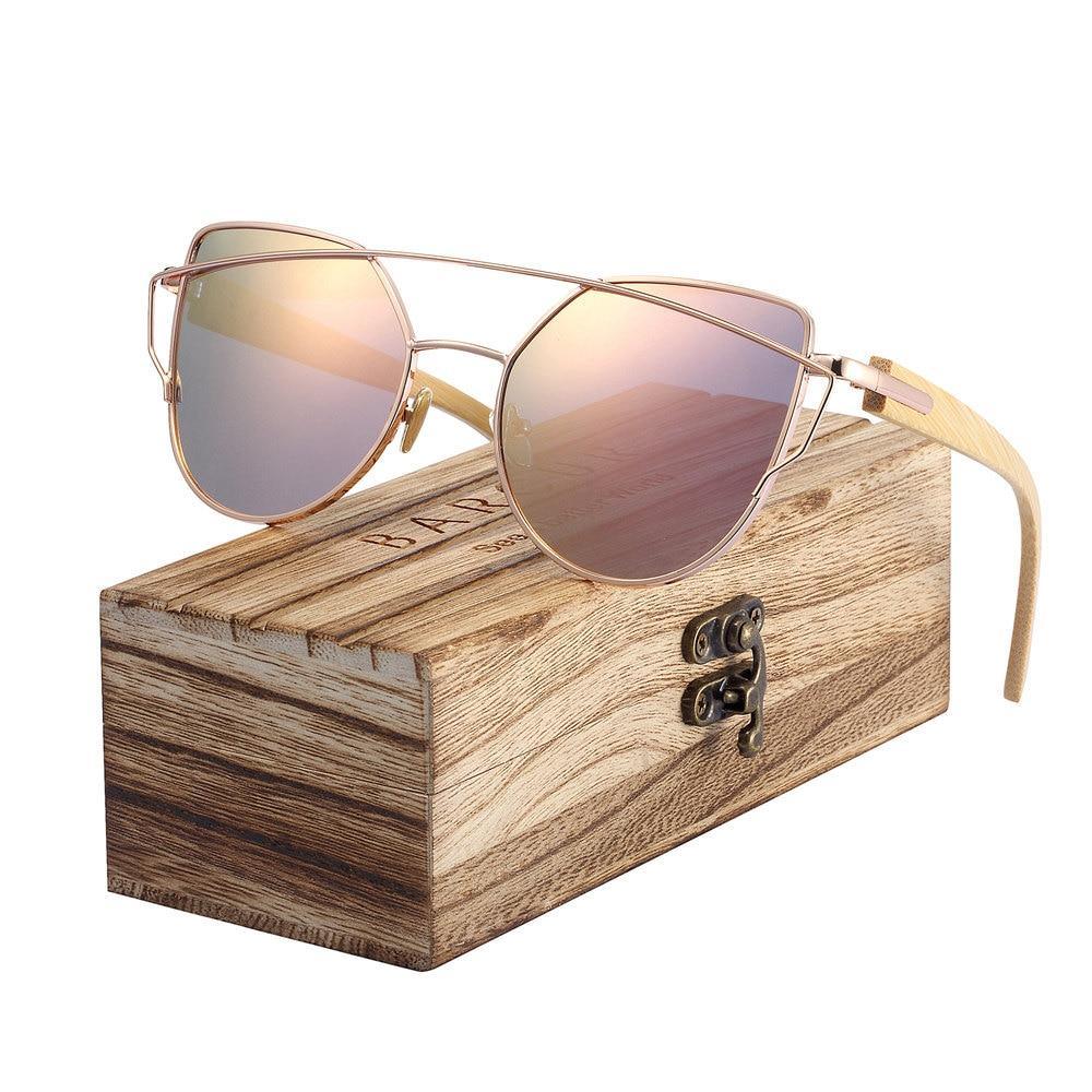 Modern Cat Eye Sunglasses for Women / Polarized Metal Frame / Natural Bamboo