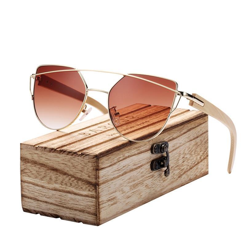 Modern Cat Eye Sunglasses for Women / Polarized Metal Frame / Natural Bamboo