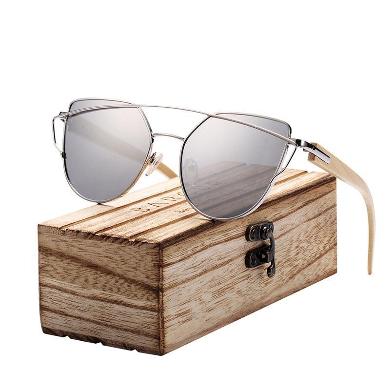 Modern Cat Eye Sunglasses for Women / Polarized Metal Frame / Natural Bamboo
