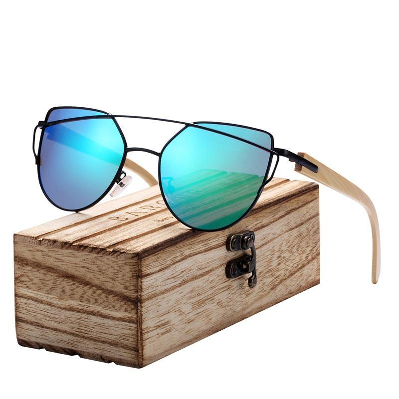 Modern Cat Eye Sunglasses for Women / Polarized Metal Frame / Natural Bamboo