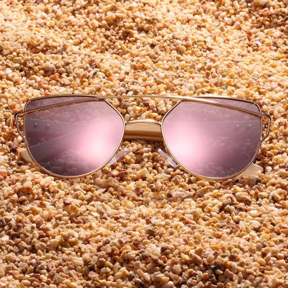 Modern Cat Eye Sunglasses for Women / Polarized Metal Frame / Natural Bamboo