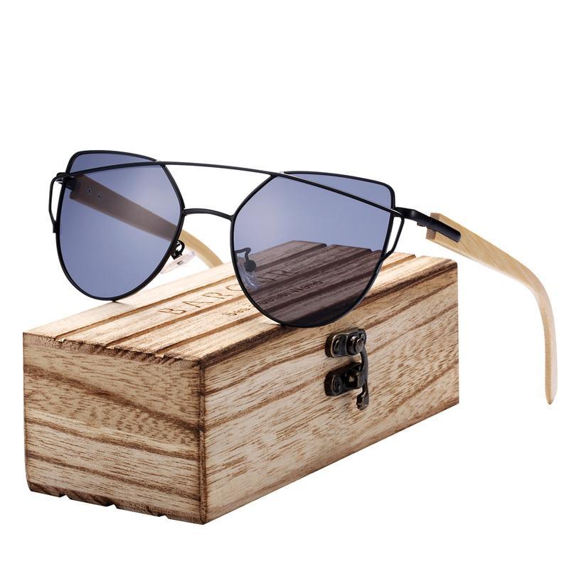 Modern Cat Eye Sunglasses for Women / Polarized Metal Frame / Natural Bamboo