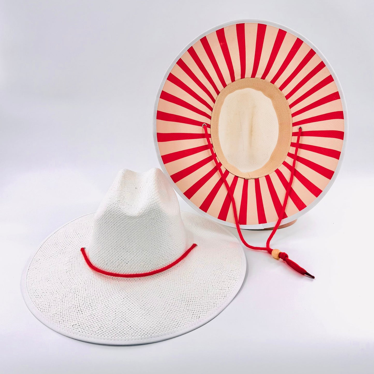 Baldiz White Sun Hat with Red Stripes | Wide Brim Women's Sun Hat with Striped Underbrim