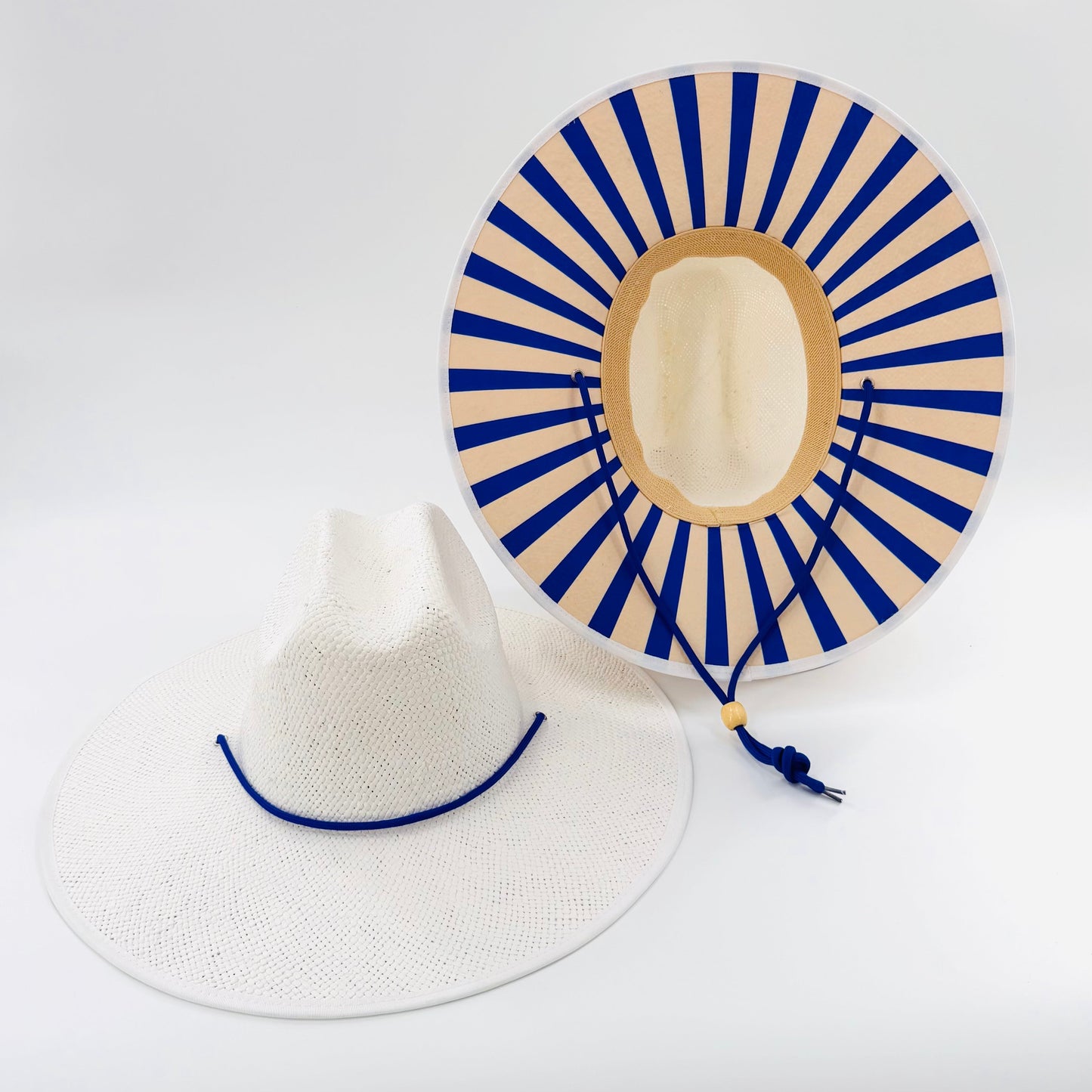 Baldiz White Sun Hat with Blue Stripes | Wide Brim Women's Sun Hat with Striped Underbrim