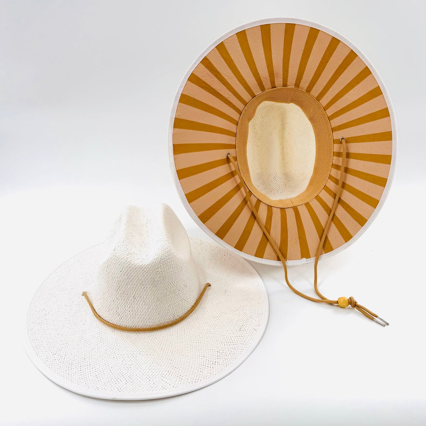 Baldiz White Sun Hat with Tan Stripes | Wide Brim Women's Sun Hat with Striped Underbrim