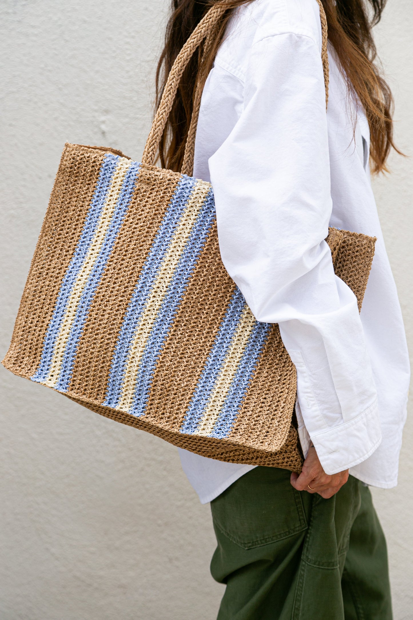 Naples Paper Straw Tote Bag in Natural Blue