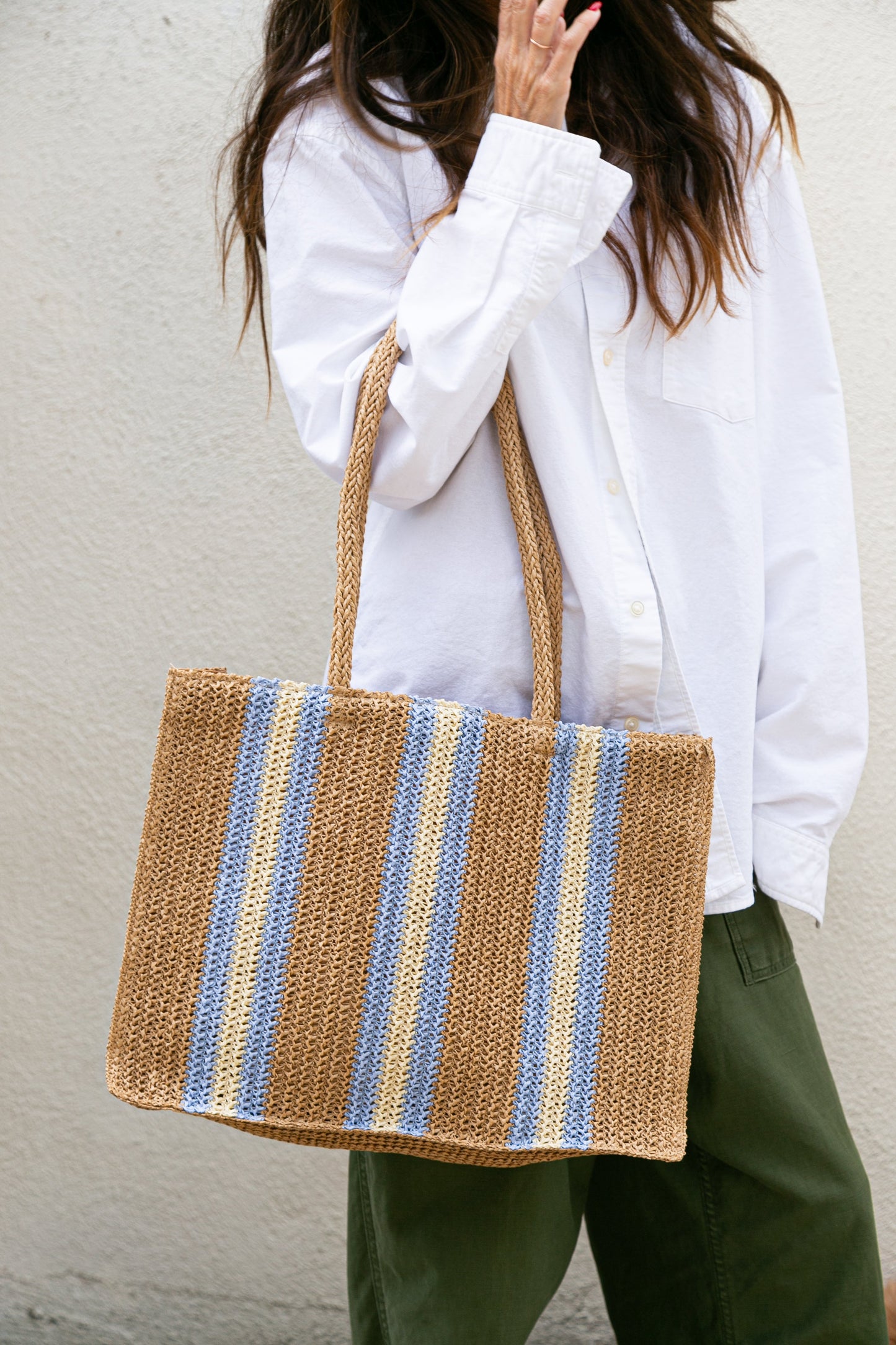 Naples Paper Straw Tote Bag in Natural Blue