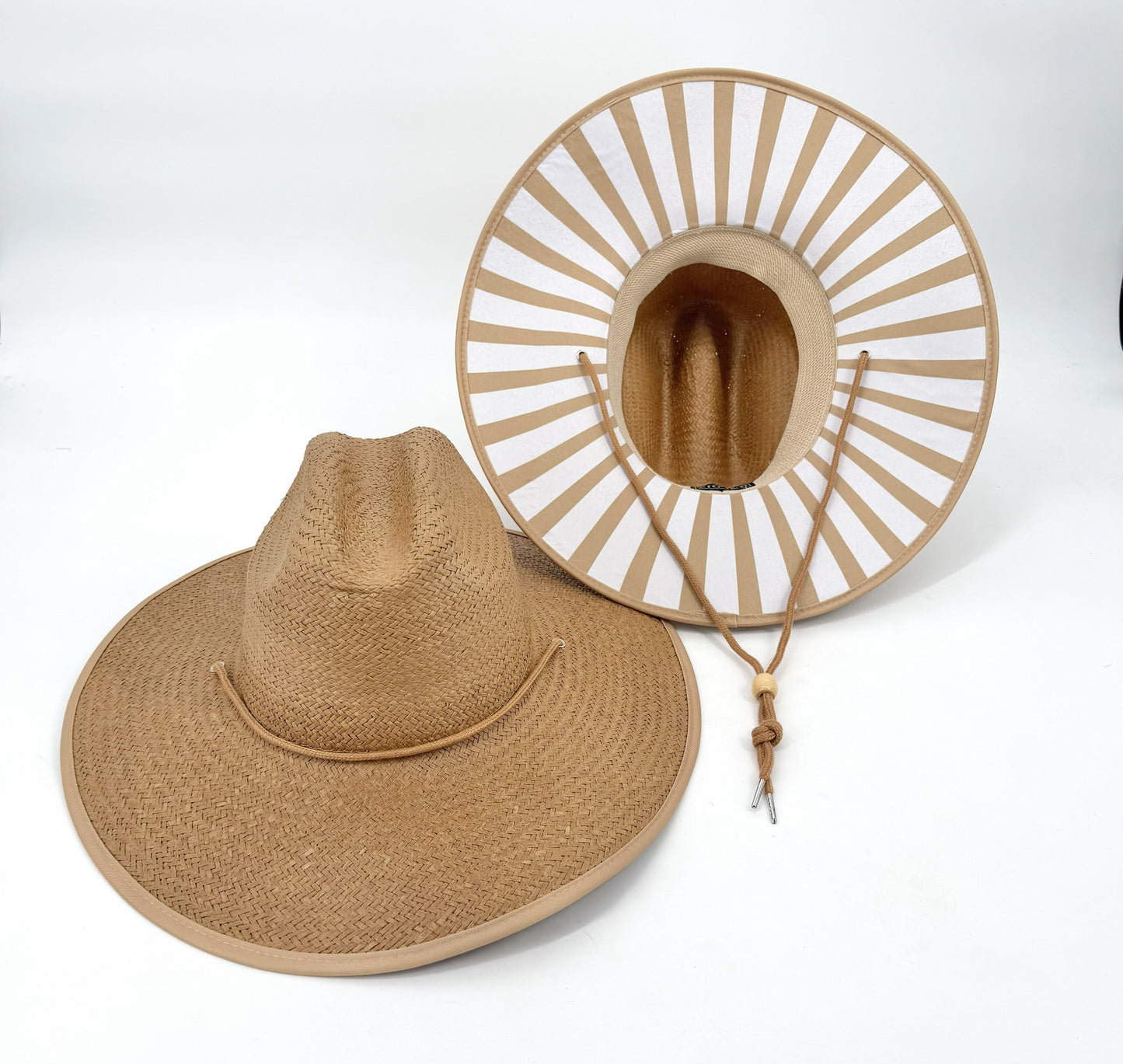 Baldiz Tan Sun Hat with Tan and White Stripes | Wide Brim Women's Sun Hat with Striped Underbrim