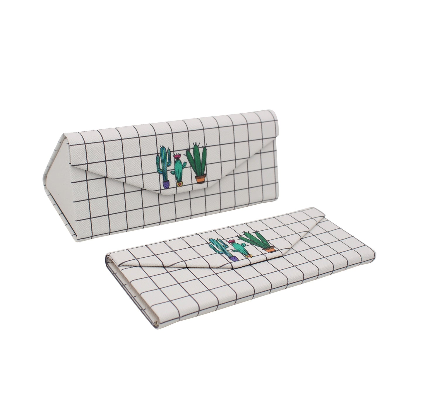 Grid Cactus Print Glasses Case - Vegan Leather Magic Folding Hardcase